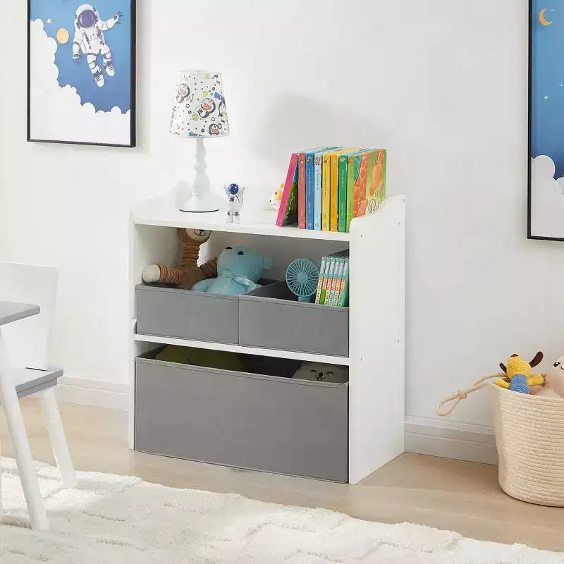 Rangement de jouets VECELO avec 3 bacs en tissu gris, étagère de rangement pour enfants, montage facile, blanc