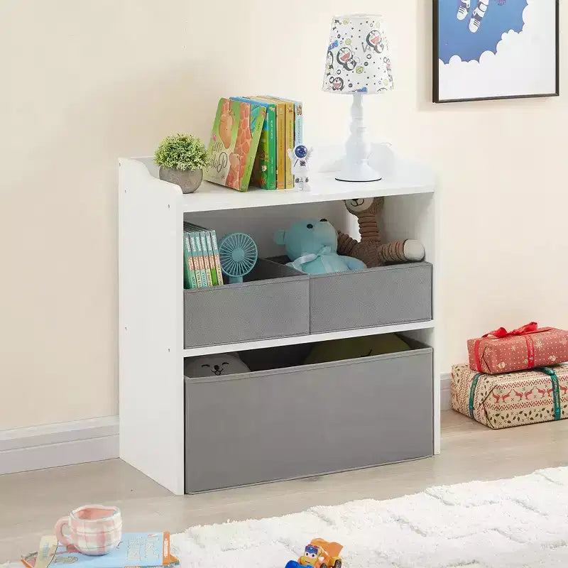 Rangement de jouets VECELO avec 3 bacs en tissu gris, étagère de rangement pour enfants, montage facile, blanc