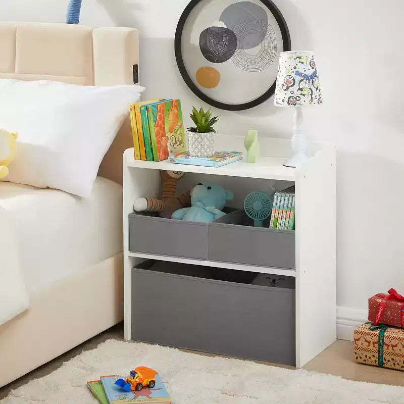 Rangement de jouets VECELO avec 3 bacs en tissu gris, étagère de rangement pour enfants, montage facile, blanc
