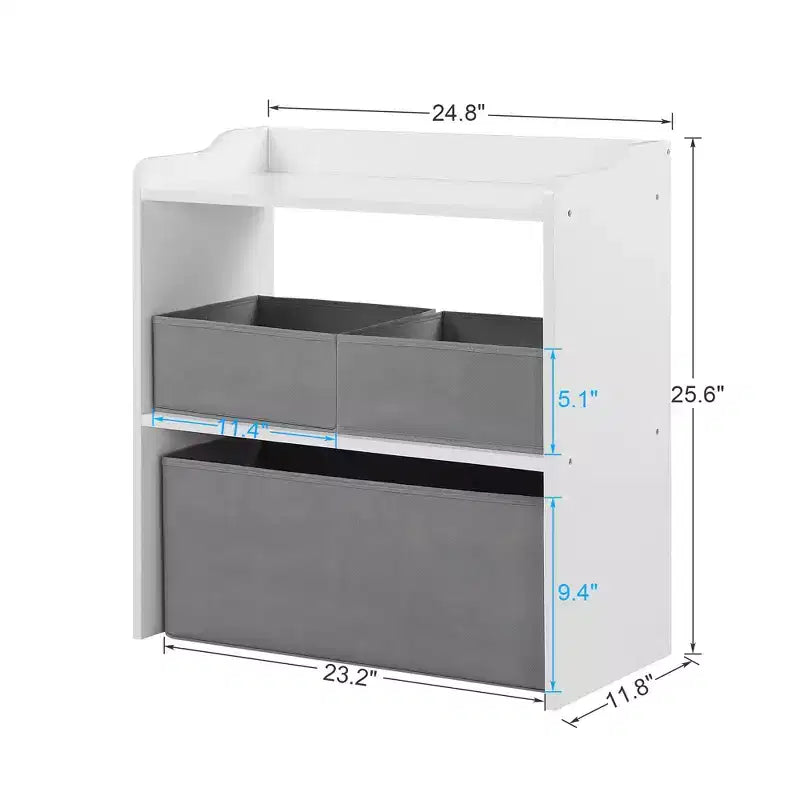 Rangement de jouets VECELO avec 3 bacs en tissu gris, étagère de rangement pour enfants, montage facile, blanc