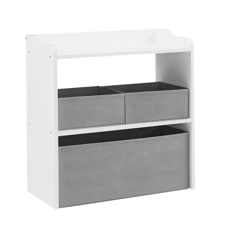 Rangement de jouets VECELO avec 3 bacs en tissu gris, étagère de rangement pour enfants, montage facile, blanc