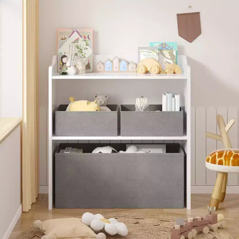 Rangement de jouets VECELO avec 3 bacs en tissu gris, étagère de rangement pour enfants, montage facile, blanc