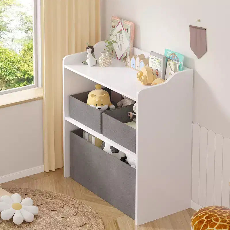 Rangement de jouets VECELO avec 3 bacs en tissu gris, étagère de rangement pour enfants, montage facile, blanc