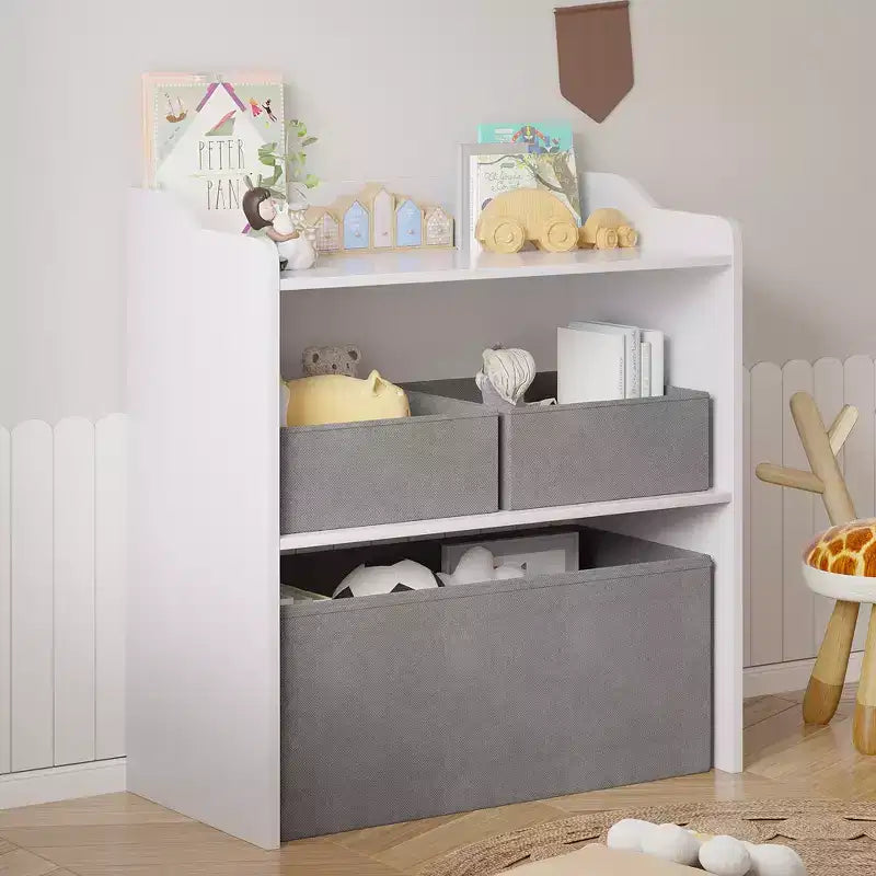 Rangement de jouets VECELO avec 3 bacs en tissu gris, étagère de rangement pour enfants, montage facile, blanc