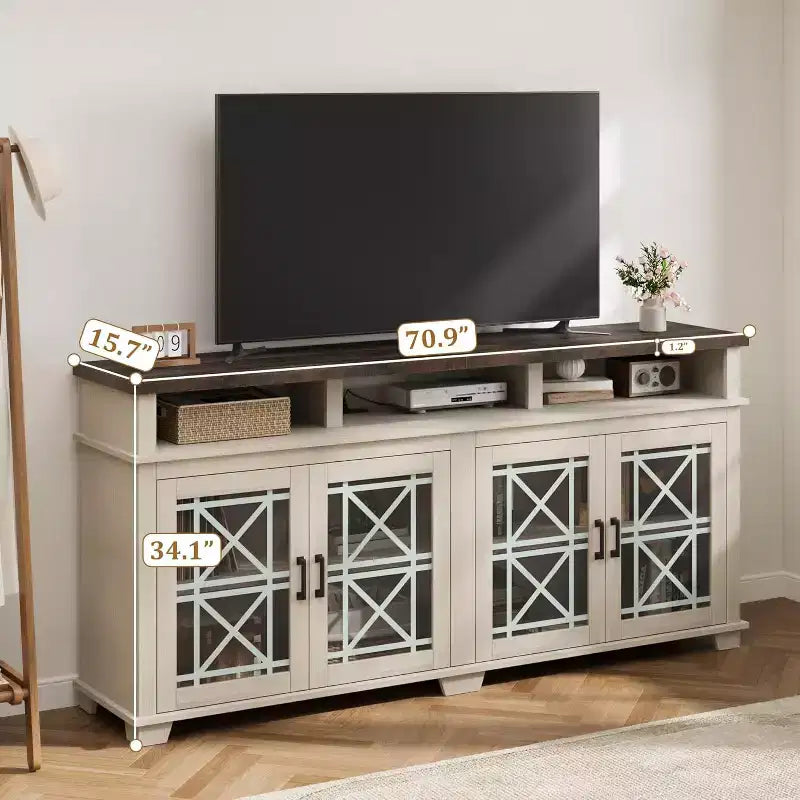 Meuble TV de ferme pour téléviseurs de 80 pouces | Lumières LED et portes vitrées | Meuble de rangement en MDF | Design moderne du milieu du siècle | Pour salon et chambre à coucher