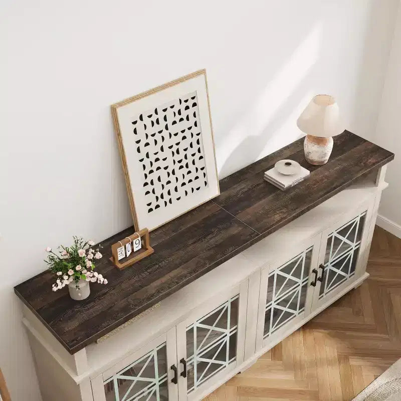 Meuble TV de ferme pour téléviseurs de 80 pouces | Lumières LED et portes vitrées | Meuble de rangement en MDF | Design moderne du milieu du siècle | Pour salon et chambre à coucher