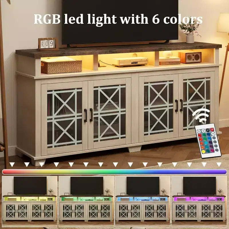 Meuble TV de ferme pour téléviseurs de 80 pouces | Lumières LED et portes vitrées | Meuble de rangement en MDF | Design moderne du milieu du siècle | Pour salon et chambre à coucher