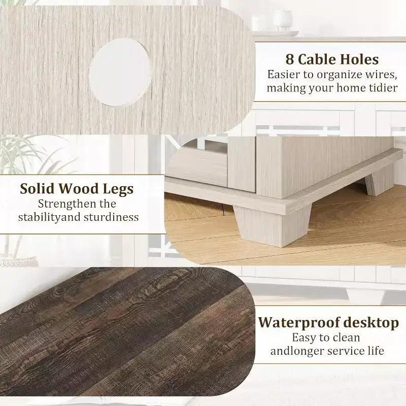 Meuble TV de ferme pour téléviseurs de 80 pouces | Lumières LED et portes vitrées | Meuble de rangement en MDF | Design moderne du milieu du siècle | Pour salon et chambre à coucher