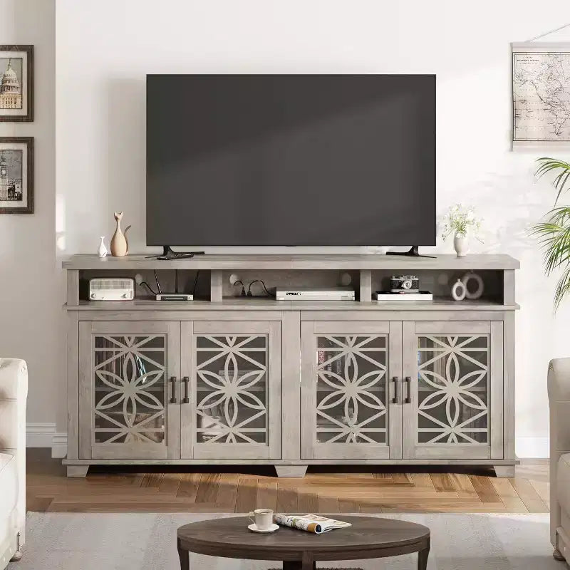 Meuble TV de ferme pour téléviseurs de 80 pouces | Lumières LED et portes vitrées | Meuble de rangement en MDF | Design moderne du milieu du siècle | Pour salon et chambre à coucher