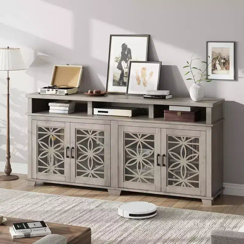 Meuble TV de ferme pour téléviseurs de 80 pouces | Lumières LED et portes vitrées | Meuble de rangement en MDF | Design moderne du milieu du siècle | Pour salon et chambre à coucher