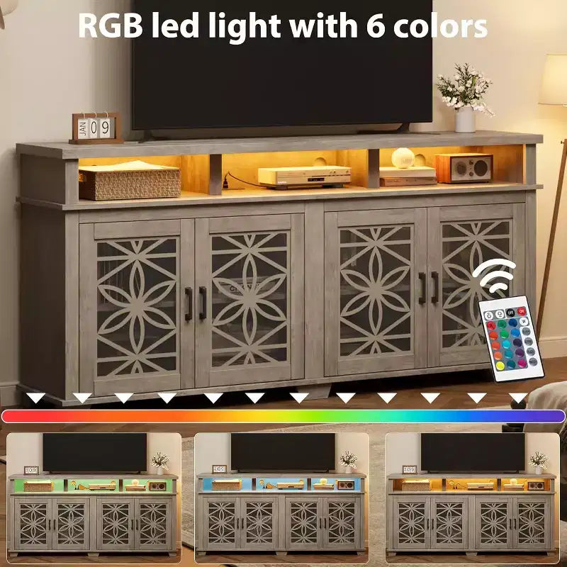 Meuble TV de ferme pour téléviseurs de 80 pouces | Lumières LED et portes vitrées | Meuble de rangement en MDF | Design moderne du milieu du siècle | Pour salon et chambre à coucher