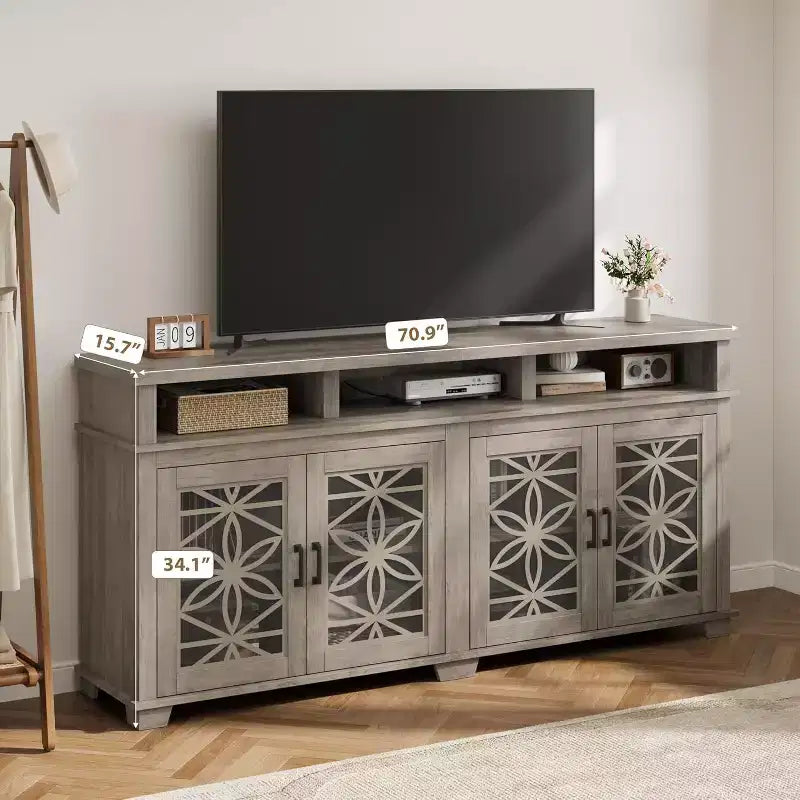 Meuble TV de ferme pour téléviseurs de 80 pouces | Lumières LED et portes vitrées | Meuble de rangement en MDF | Design moderne du milieu du siècle | Pour salon et chambre à coucher
