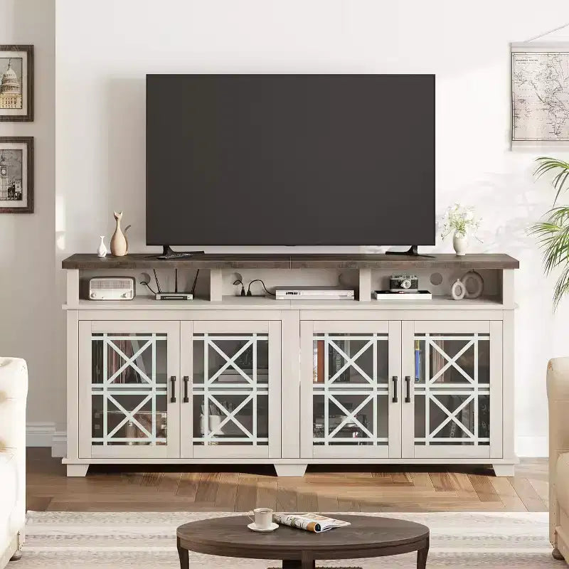 Meuble TV de ferme pour téléviseurs de 80 pouces | Lumières LED et portes vitrées | Meuble de rangement en MDF | Design moderne du milieu du siècle | Pour salon et chambre à coucher