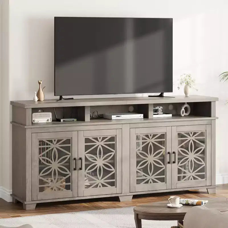 Farmhouse TV Stand for 80 TVs | LED Lights & Glass Doors | MDF Storage Cabinet | Mid-Century Modern Design | for Living Room & Bedroom