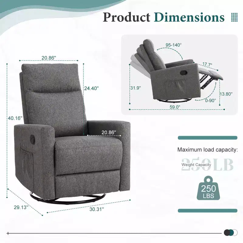 Fauteuil inclinable Bestier, fauteuil à bascule pivotant à 360° pour adultes, fauteuil à bascule inclinable rembourré avec dossier haut, fauteuils de chambre d'enfant pour salon, gris
