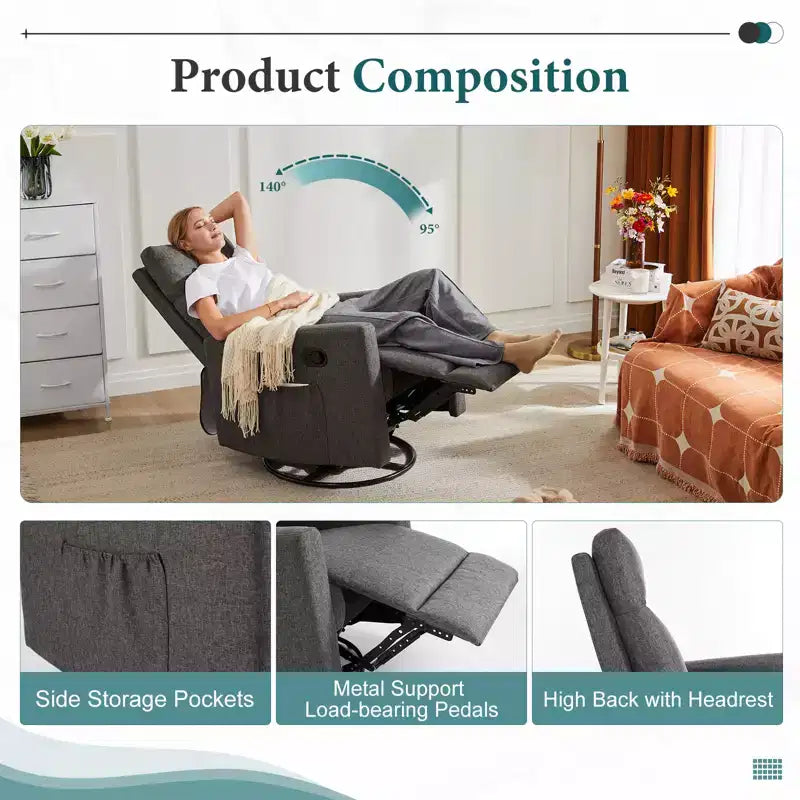 Fauteuil inclinable Bestier, fauteuil à bascule pivotant à 360° pour adultes, fauteuil à bascule inclinable rembourré avec dossier haut, fauteuils de chambre d'enfant pour salon, gris