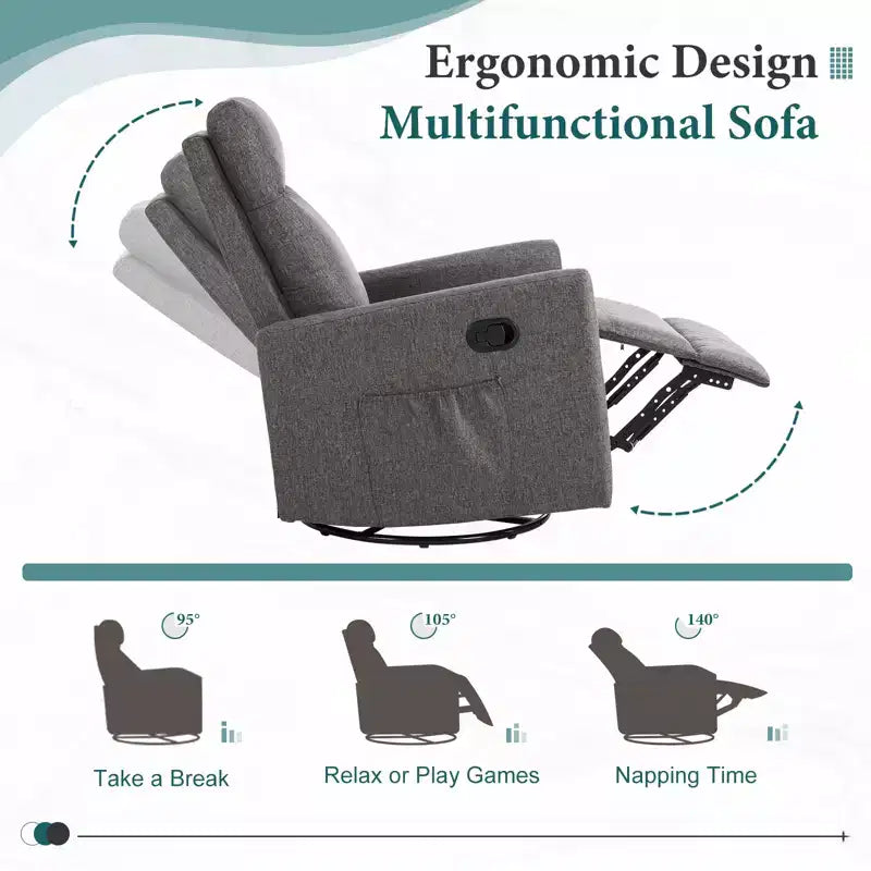 Fauteuil inclinable Bestier, fauteuil à bascule pivotant à 360° pour adultes, fauteuil à bascule inclinable rembourré avec dossier haut, fauteuils de chambre d'enfant pour salon, gris