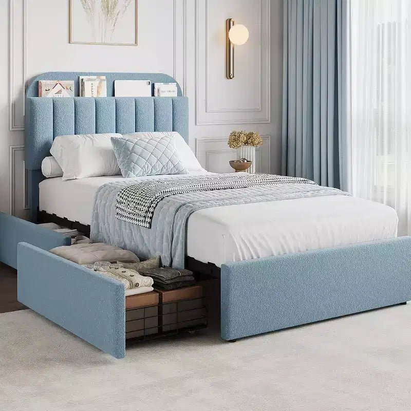 Platform Bed Frame, Faux Fur Upholstered Bed Frame with Storage Headboard, 2 Rolling Drawers