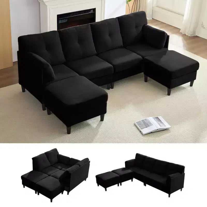 Canapé d'angle modulable convertible Mjkone, canapé 4 places en tissu confortable avec poufs amovibles