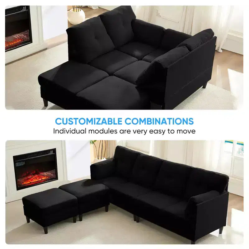 Canapé d'angle modulable convertible Mjkone, canapé 4 places en tissu confortable avec poufs amovibles