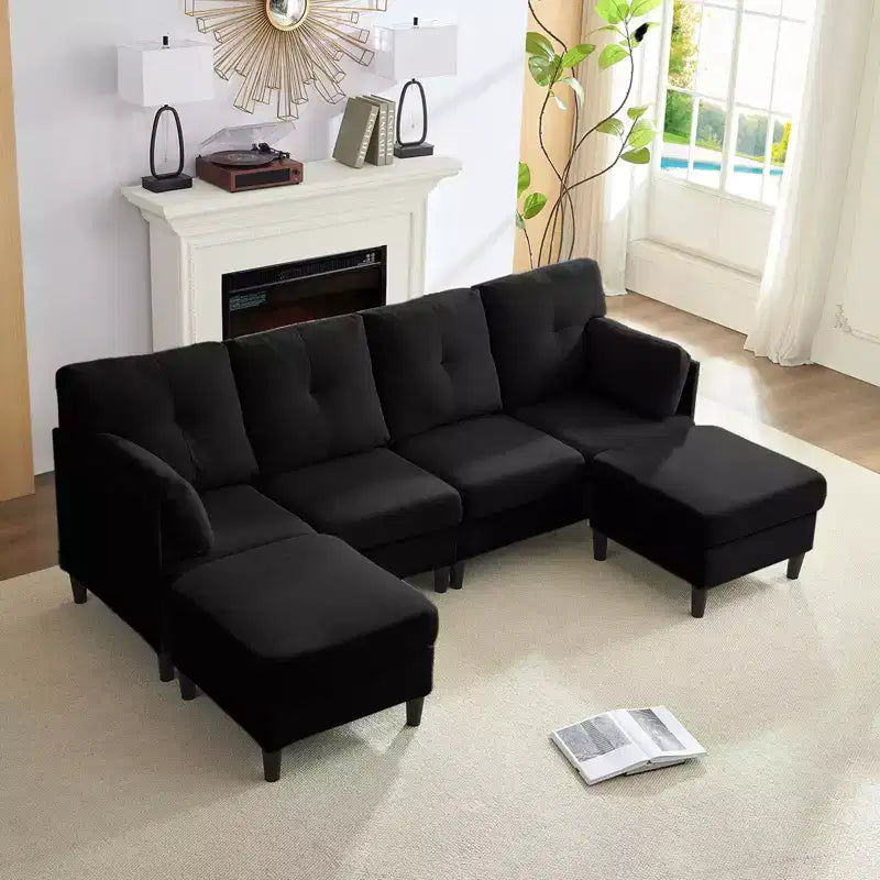 Canapé d'angle modulable convertible Mjkone, canapé 4 places en tissu confortable avec poufs amovibles
