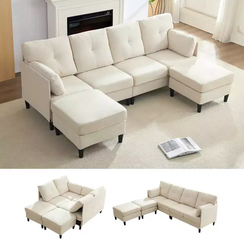 Canapé d'angle modulable convertible Mjkone, canapé 4 places en tissu confortable avec poufs amovibles