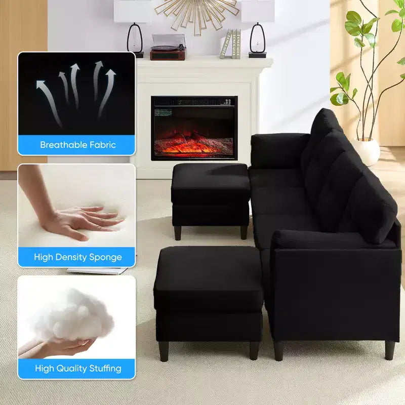 Canapé d'angle modulable convertible Mjkone, canapé 4 places en tissu confortable avec poufs amovibles