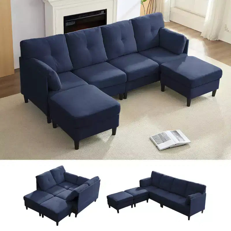 Canapé d'angle modulable convertible Mjkone, canapé 4 places en tissu confortable avec poufs amovibles