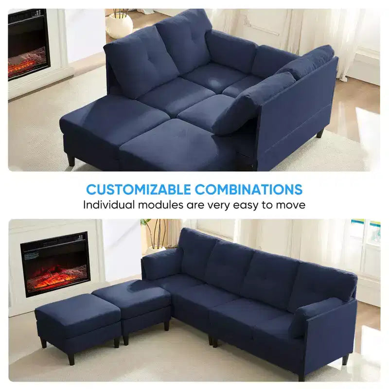 Canapé d'angle modulable convertible Mjkone, canapé 4 places en tissu confortable avec poufs amovibles