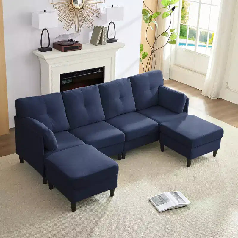 Canapé d'angle modulable convertible Mjkone, canapé 4 places en tissu confortable avec poufs amovibles