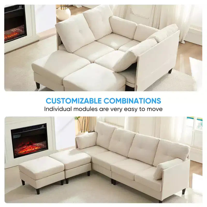 Canapé d'angle modulable convertible Mjkone, canapé 4 places en tissu confortable avec poufs amovibles