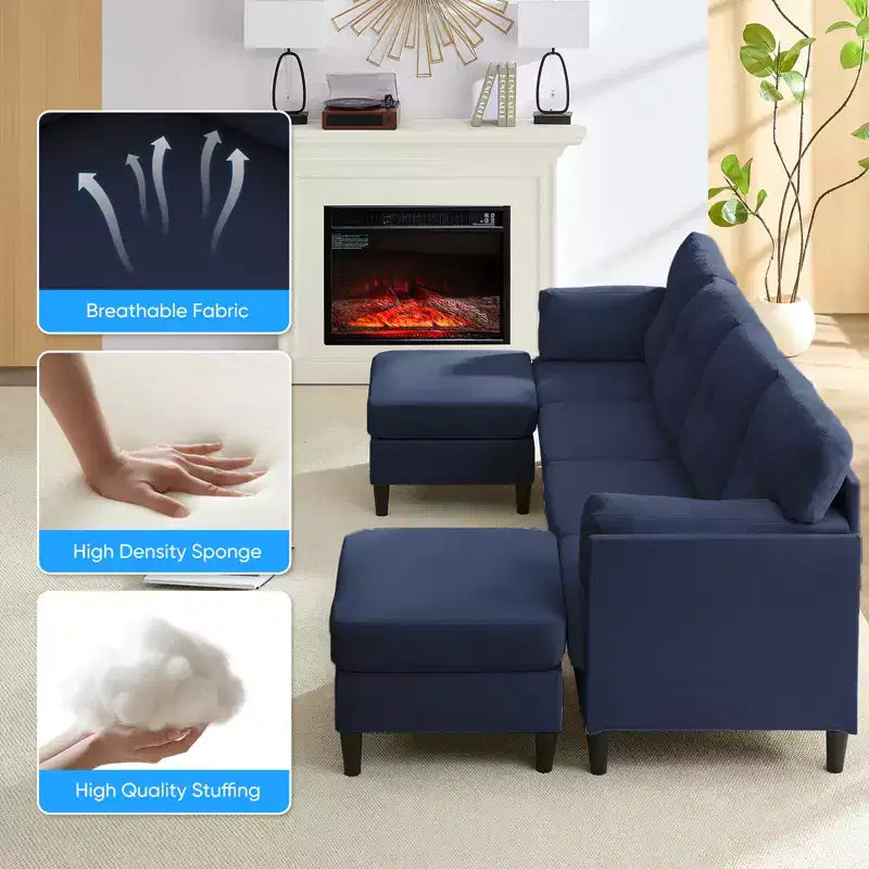 Canapé d'angle modulable convertible Mjkone, canapé 4 places en tissu confortable avec poufs amovibles