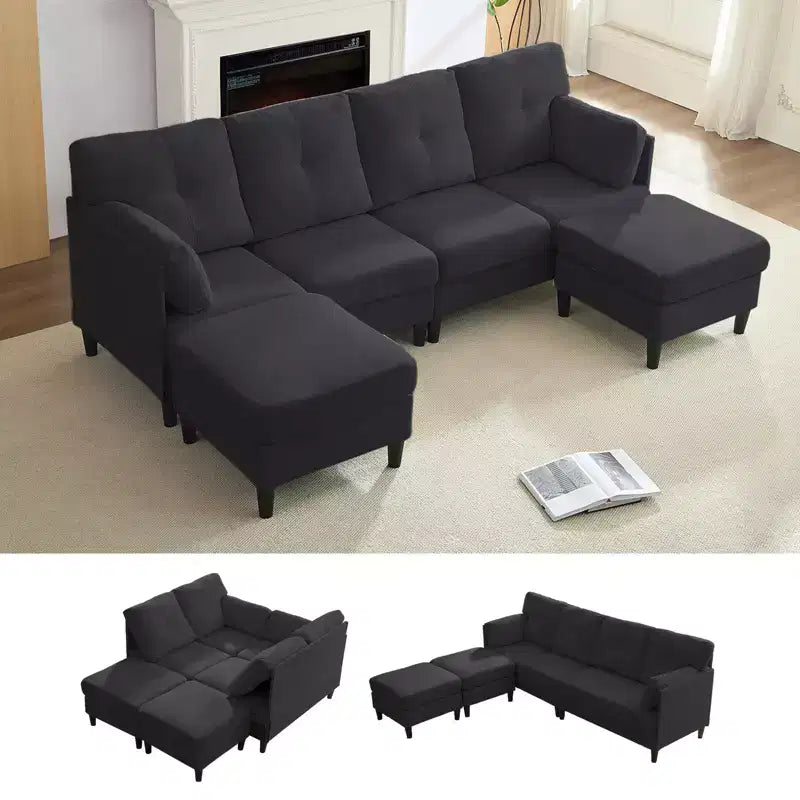 Canapé d'angle modulable convertible Mjkone, canapé 4 places en tissu confortable avec poufs amovibles