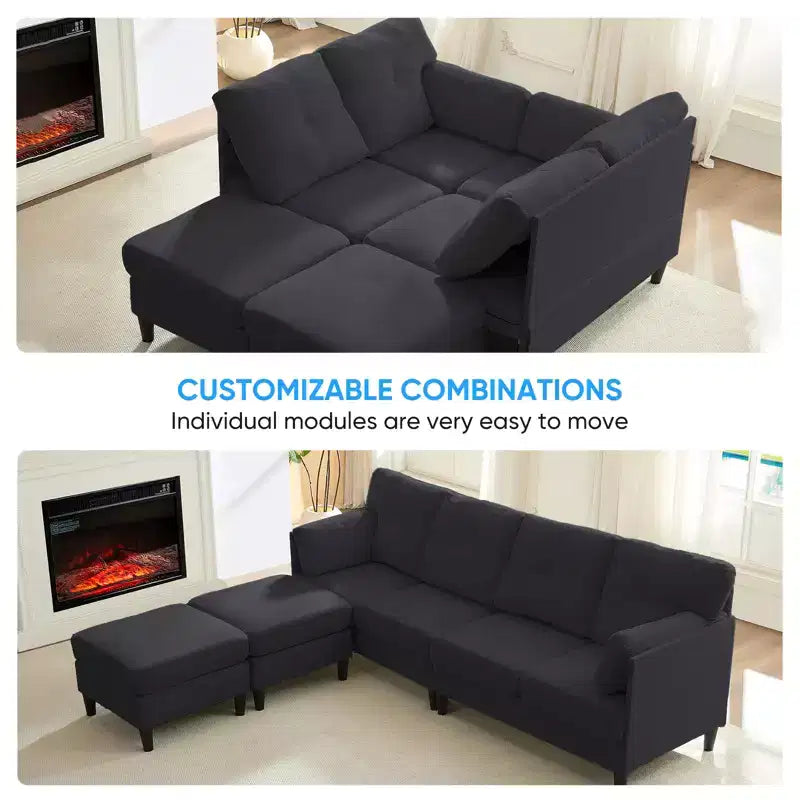 Canapé d'angle modulable convertible Mjkone, canapé 4 places en tissu confortable avec poufs amovibles