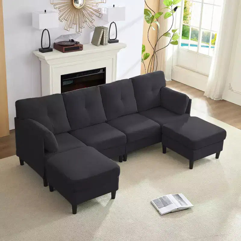 Canapé d'angle modulable convertible Mjkone, canapé 4 places en tissu confortable avec poufs amovibles