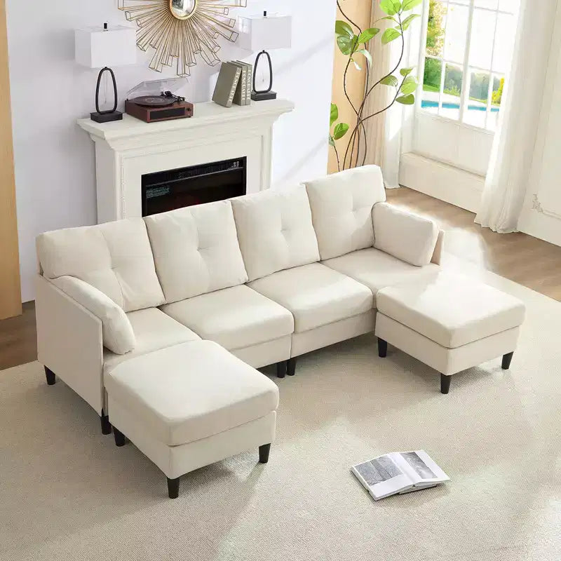 Canapé d'angle modulable convertible Mjkone, canapé 4 places en tissu confortable avec poufs amovibles