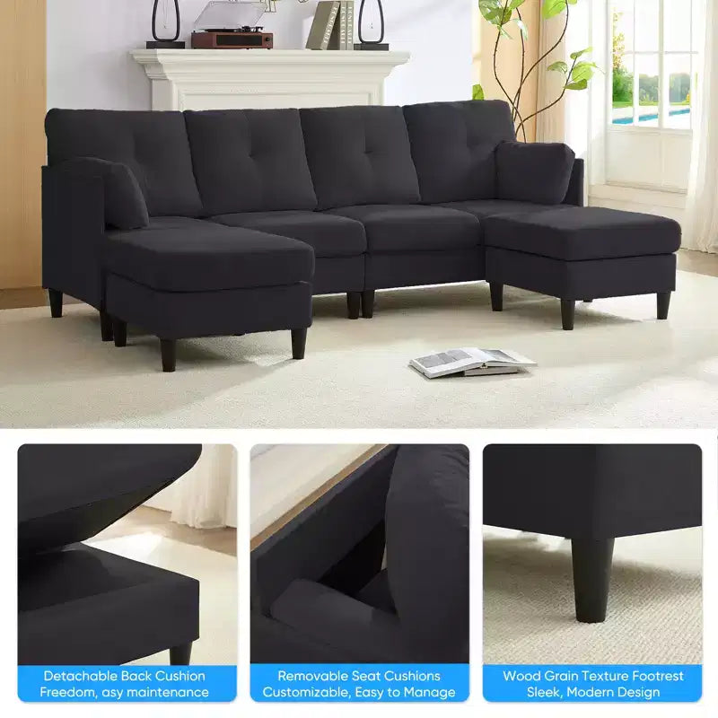 Canapé d'angle modulable convertible Mjkone, canapé 4 places en tissu confortable avec poufs amovibles