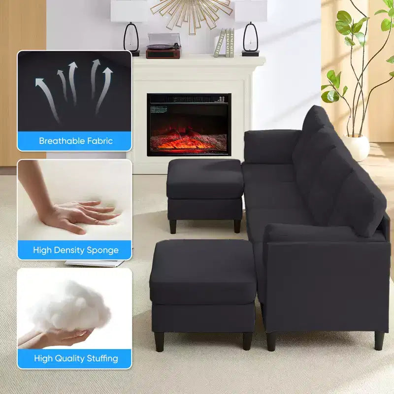 Canapé d'angle modulable convertible Mjkone, canapé 4 places en tissu confortable avec poufs amovibles