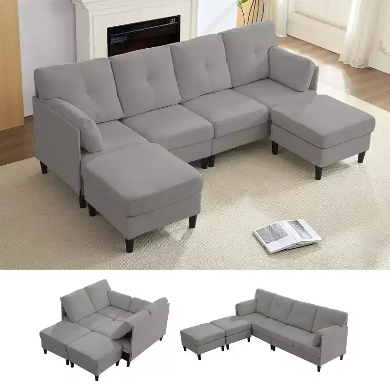 Canapé d'angle modulable convertible Mjkone, canapé 4 places en tissu confortable avec poufs amovibles