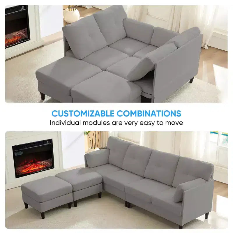 Canapé d'angle modulable convertible Mjkone, canapé 4 places en tissu confortable avec poufs amovibles