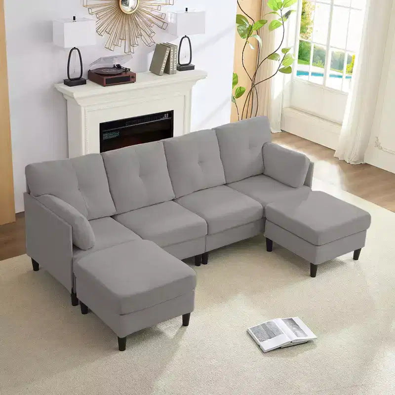 Canapé d'angle modulable convertible Mjkone, canapé 4 places en tissu confortable avec poufs amovibles