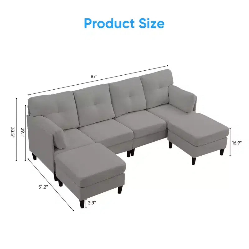 Canapé d'angle modulable convertible Mjkone, canapé 4 places en tissu confortable avec poufs amovibles