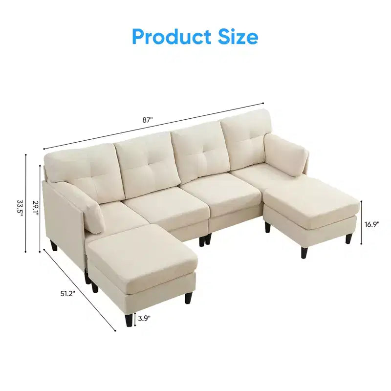 Canapé d'angle modulable convertible Mjkone, canapé 4 places en tissu confortable avec poufs amovibles