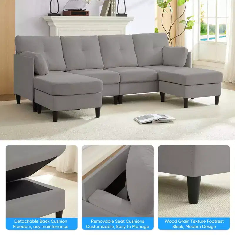 Canapé d'angle modulable convertible Mjkone, canapé 4 places en tissu confortable avec poufs amovibles