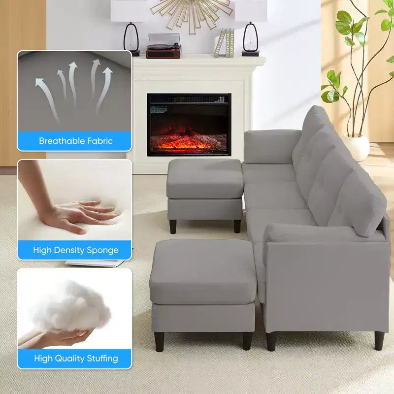 Canapé d'angle modulable convertible Mjkone, canapé 4 places en tissu confortable avec poufs amovibles