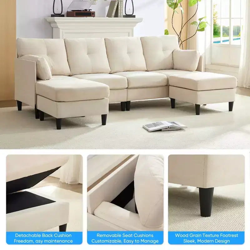 Canapé d'angle modulable convertible Mjkone, canapé 4 places en tissu confortable avec poufs amovibles