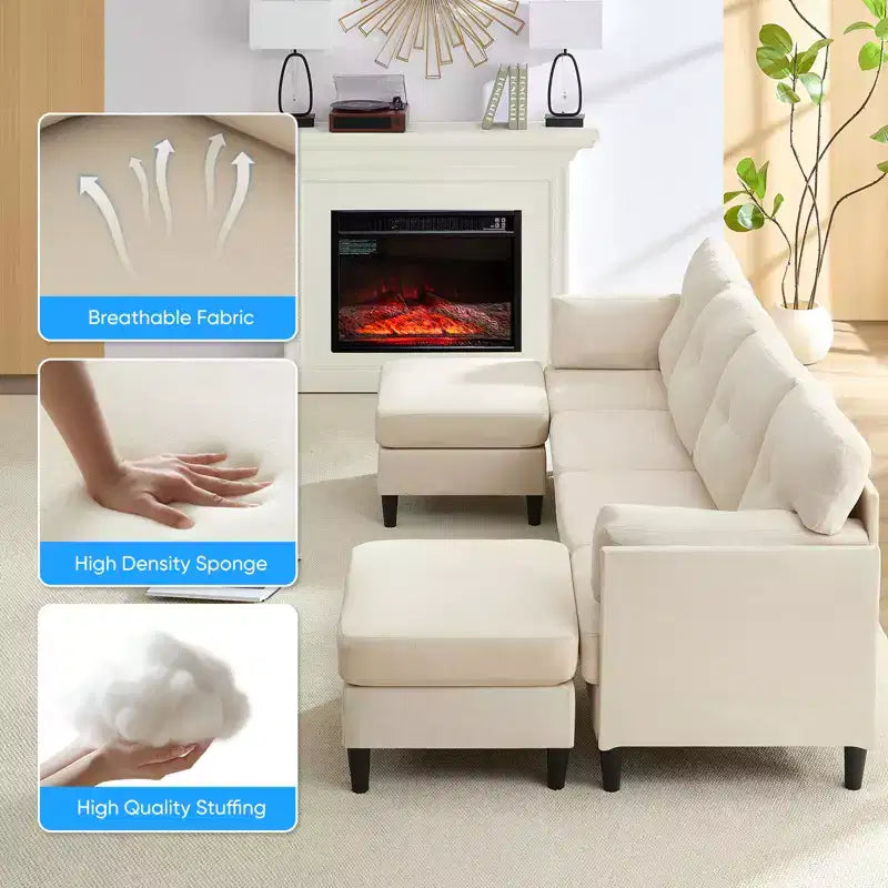 Canapé d'angle modulable convertible Mjkone, canapé 4 places en tissu confortable avec poufs amovibles