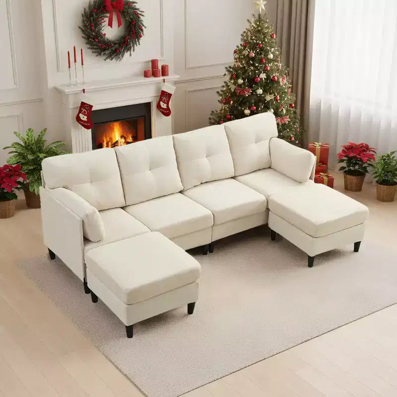 Mjkone Modular Convertible Sectional Sofa Couch, Upholstered Comfy Fabric 4-Seater Sofa with Movable Ottomans
