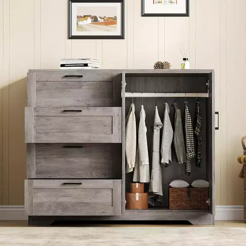 43.3 Low Dresser with 2 Doors & 4 Drawers - Multifunctional Wooden Wardrobe with Hanging Rod for Bedroom