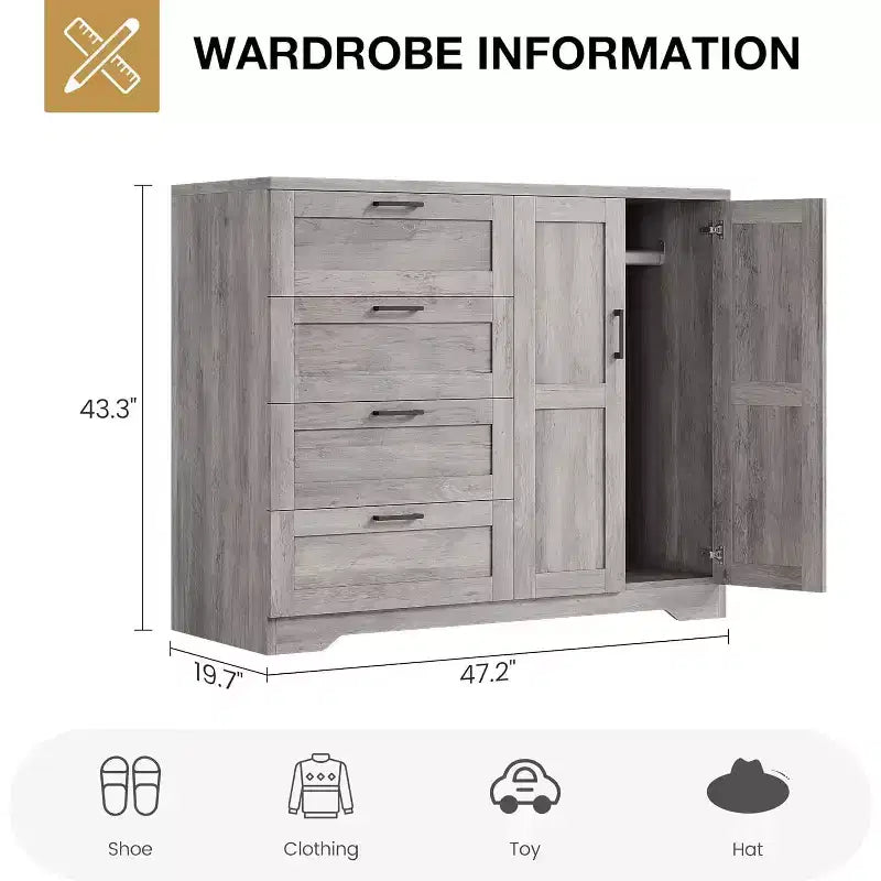 Commode basse de 110 cm avec 2 portes et 4 tiroirs - Armoire multifonctionnelle en bois avec tringle pour chambre à coucher